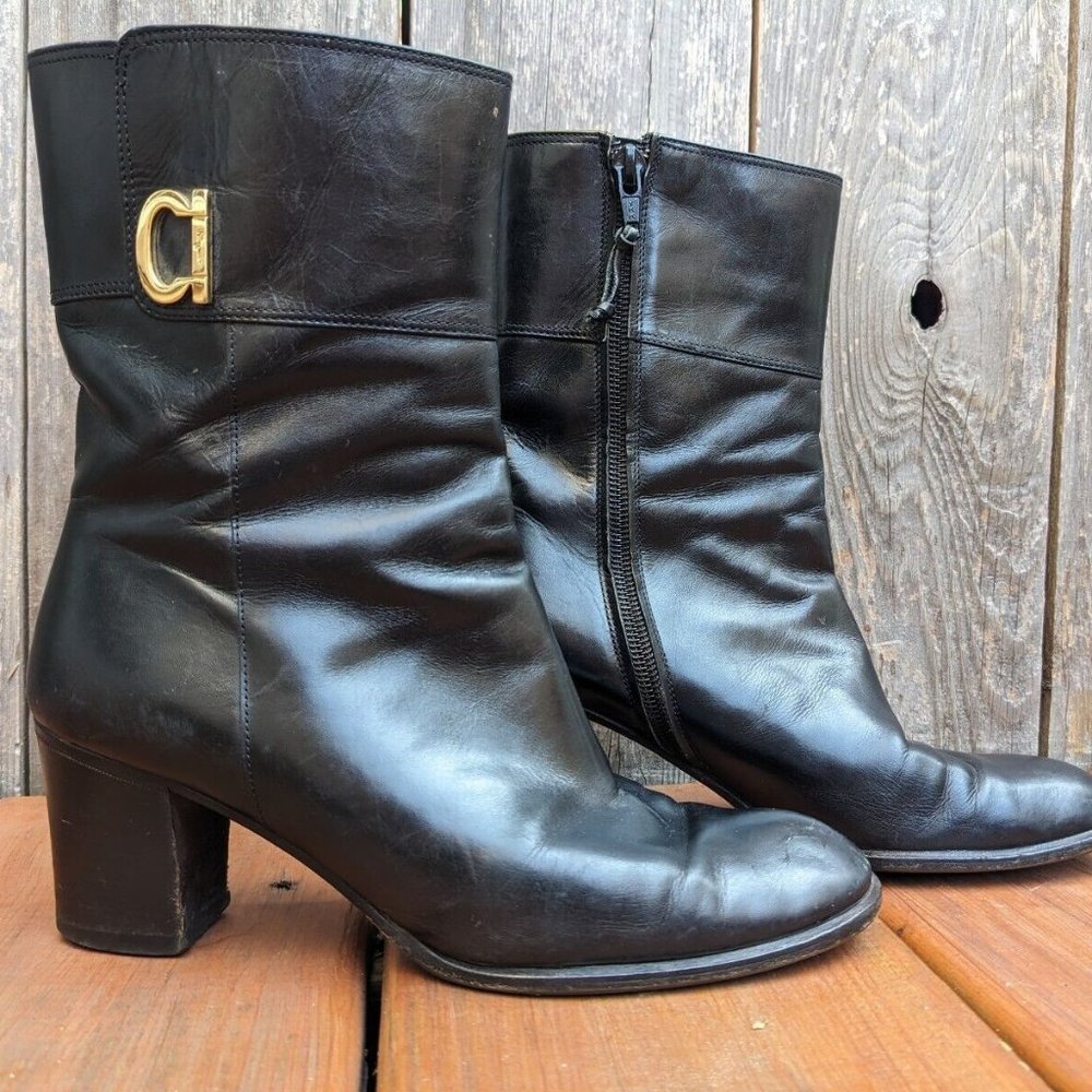 Salvatore Ferragamo Black Leather Boots, Mid-Calf, Size 4.5